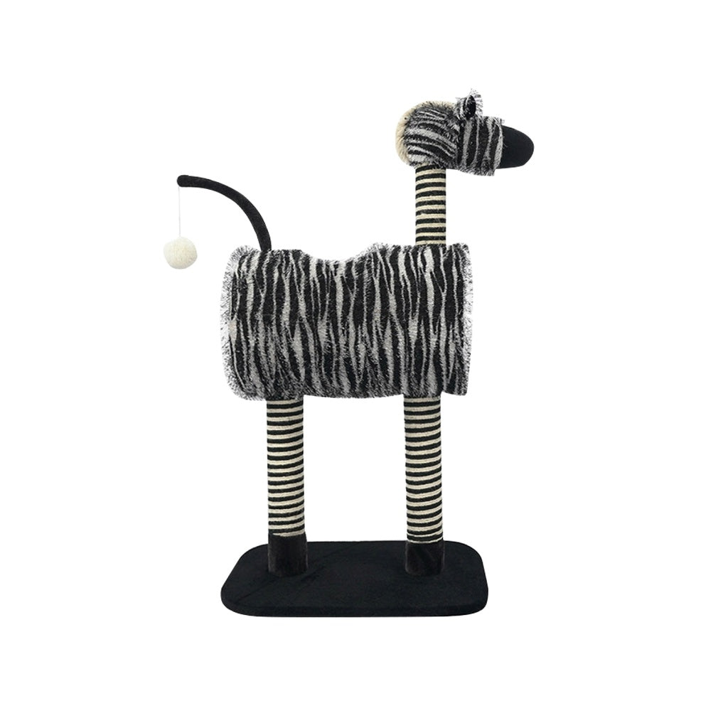 Zebra Cat Scratching Post Tree Pet Scratcher Tower Condo Furniture Bed House  OVERVIEW  This modern zebra styled cat home is perfect for your little furry friend. Not only does it look nice and decorative, but it is soft and cozy all over, your kitten will love you for it! The legs and neck are all made from 'Rattan Mat' which cats love for scratching (saving your furniture). It also features the moving tail with the elastic ball on the end which will keep your kitten entertained for hours.