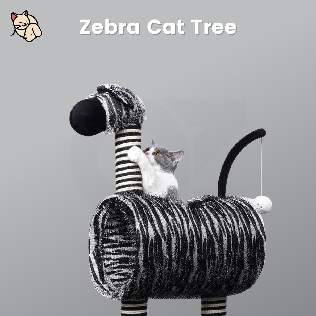 Zebra Cat Scratching Post Tree Pet Scratcher Tower Condo Furniture Bed House  OVERVIEW  This modern zebra styled cat home is perfect for your little furry friend. Not only does it look nice and decorative, but it is soft and cozy all over, your kitten will love you for it! The legs and neck are all made from 'Rattan Mat' which cats love for scratching (saving your furniture). It also features the moving tail with the elastic ball on the end which will keep your kitten entertained for hours.