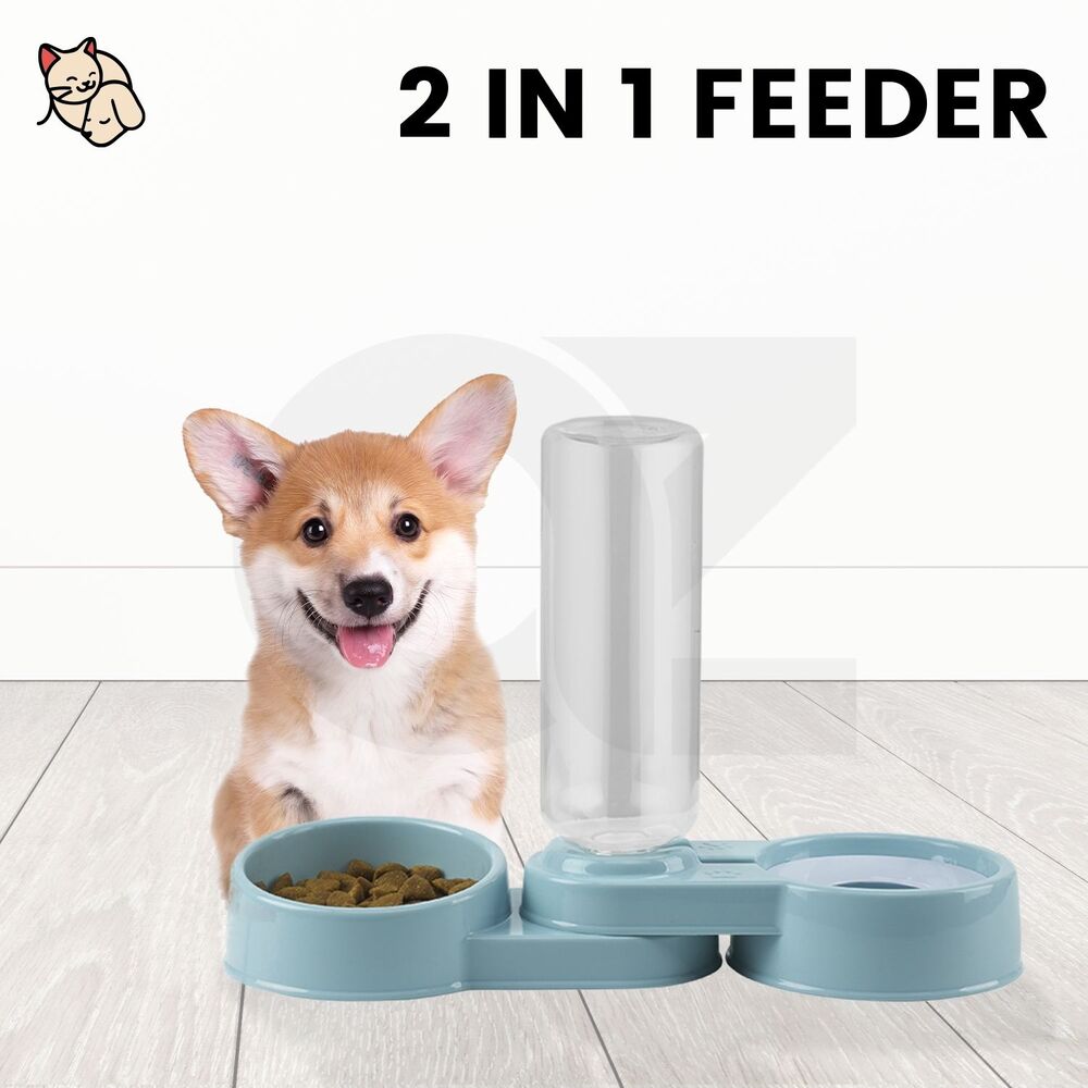 Automatic Pet Feeder Drinking Bowl Water Dispenser 2 in 1 for Cat  or Dog 750ml 250g - Blue  FEATURES Save Space: You can always choose to angle the feeder horizontally at either 180° or 90° to fit seamlessly into the corners of the room.