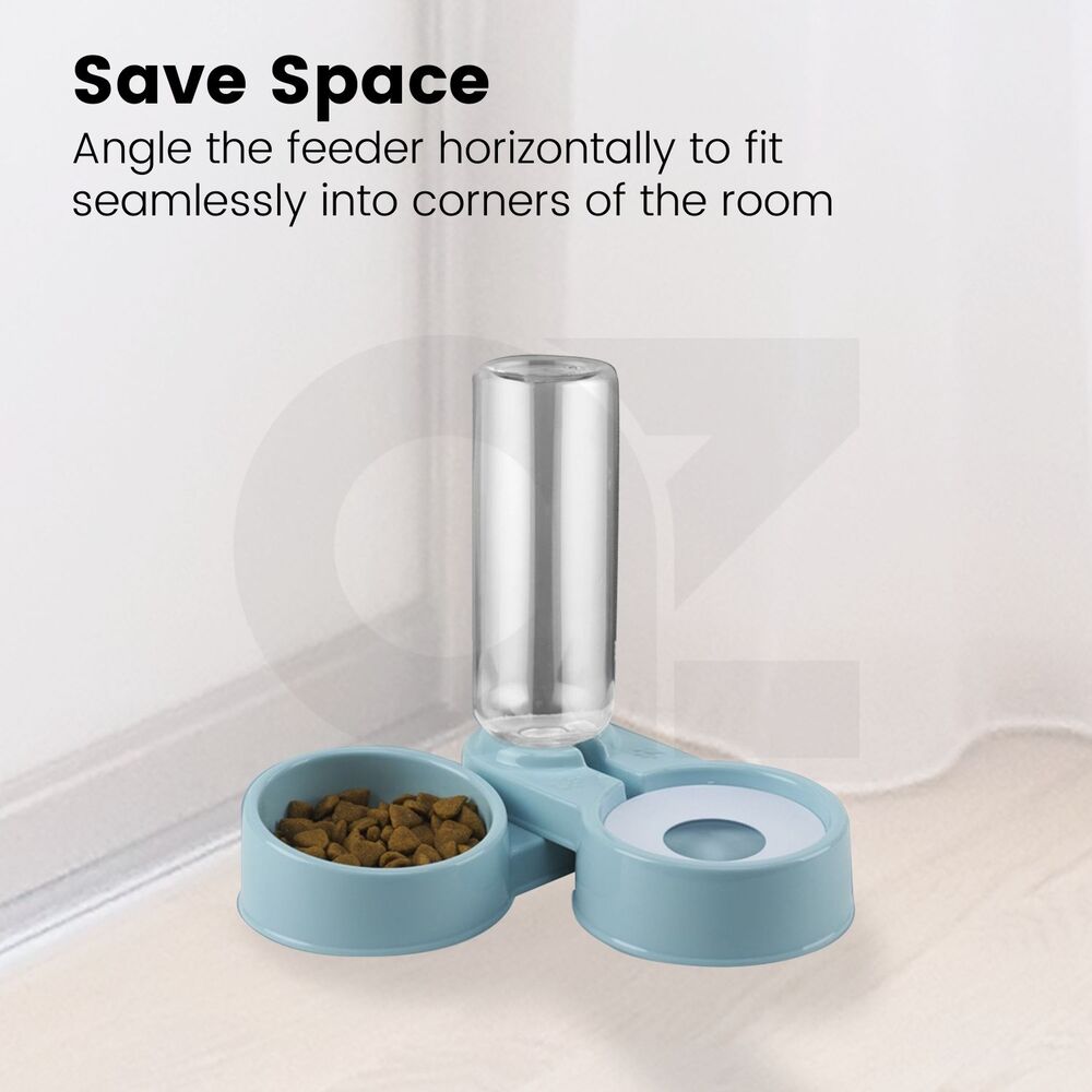 Automatic Pet Feeder Drinking Bowl Water Dispenser 2 in 1 for Cat or Dog 750ml 250g - Blue FEATURES Save Space: You can always choose to angle the feeder horizontally at either 180° or 90° to fit seamlessly into the corners of the room. - two options available, blue and light pink. Save space