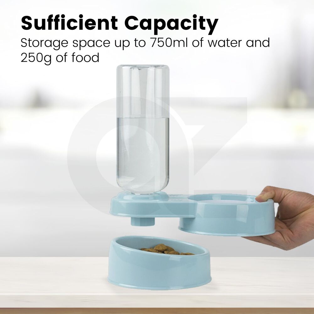 Automatic Pet Feeder Drinking Bowl Water Dispenser 2 in 1 for Cat or Dog 750ml 250g - Blue FEATURES Save Space: You can always choose to angle the feeder horizontally at either 180° or 90° to fit seamlessly into the corners of the room. Sufficient capacity of space storage up to 750  ml of water and 250 ml of food