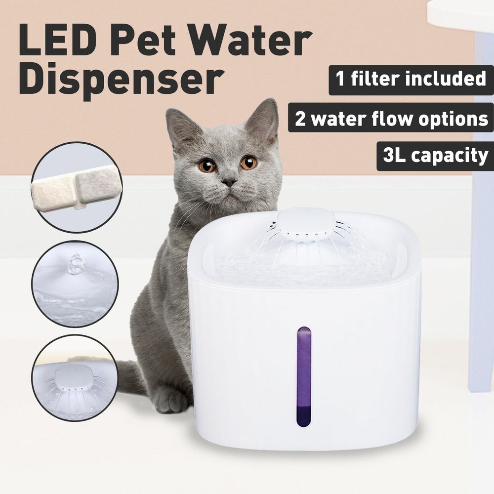 Pet Water Fountain Dispenser  FEATURES OVERVIEW  3L Large Capacity An average cat needs to have at least 300ml of water per day, which means that this pet fountain can meet the drinking needs of an average cat for about 20 days. This means you can leave home without worrying about your cat being dehydrated.