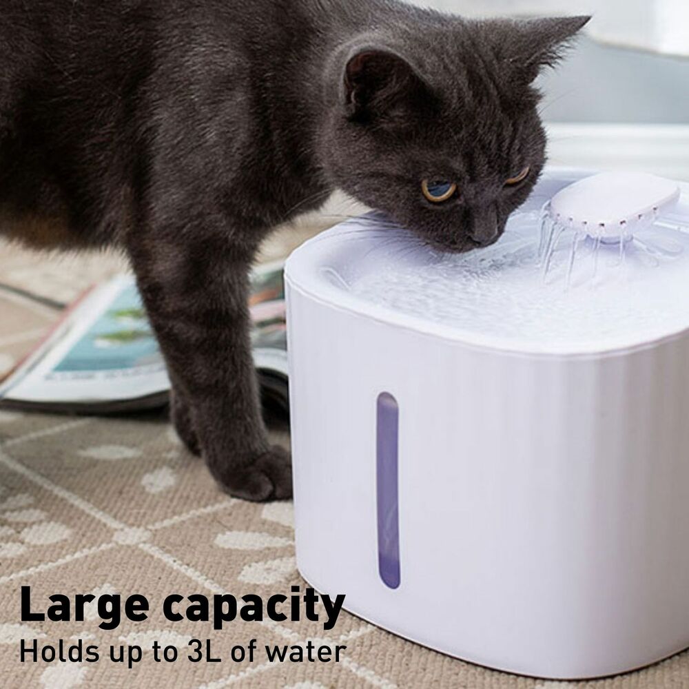 Pet Water Fountain Dispenser  FEATURES OVERVIEW  3L Large Capacity An average cat needs to have at least 300ml of water per day, which means that this pet fountain can meet the drinking needs of an average cat for about 20 days. This means you can leave home without worrying about your cat being dehydrated. LARGE capacity