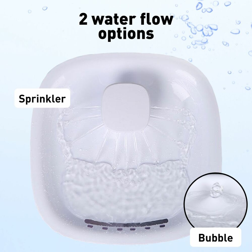 Pet Water Fountain Dispenser  FEATURES OVERVIEW  3L Large Capacity An average cat needs to have at least 300ml of water per day, which means that this pet fountain can meet the drinking needs of an average cat for about 20 days. This means you can leave home without worrying about your cat being dehydrated. Two water flow options - sprinkler and bubble