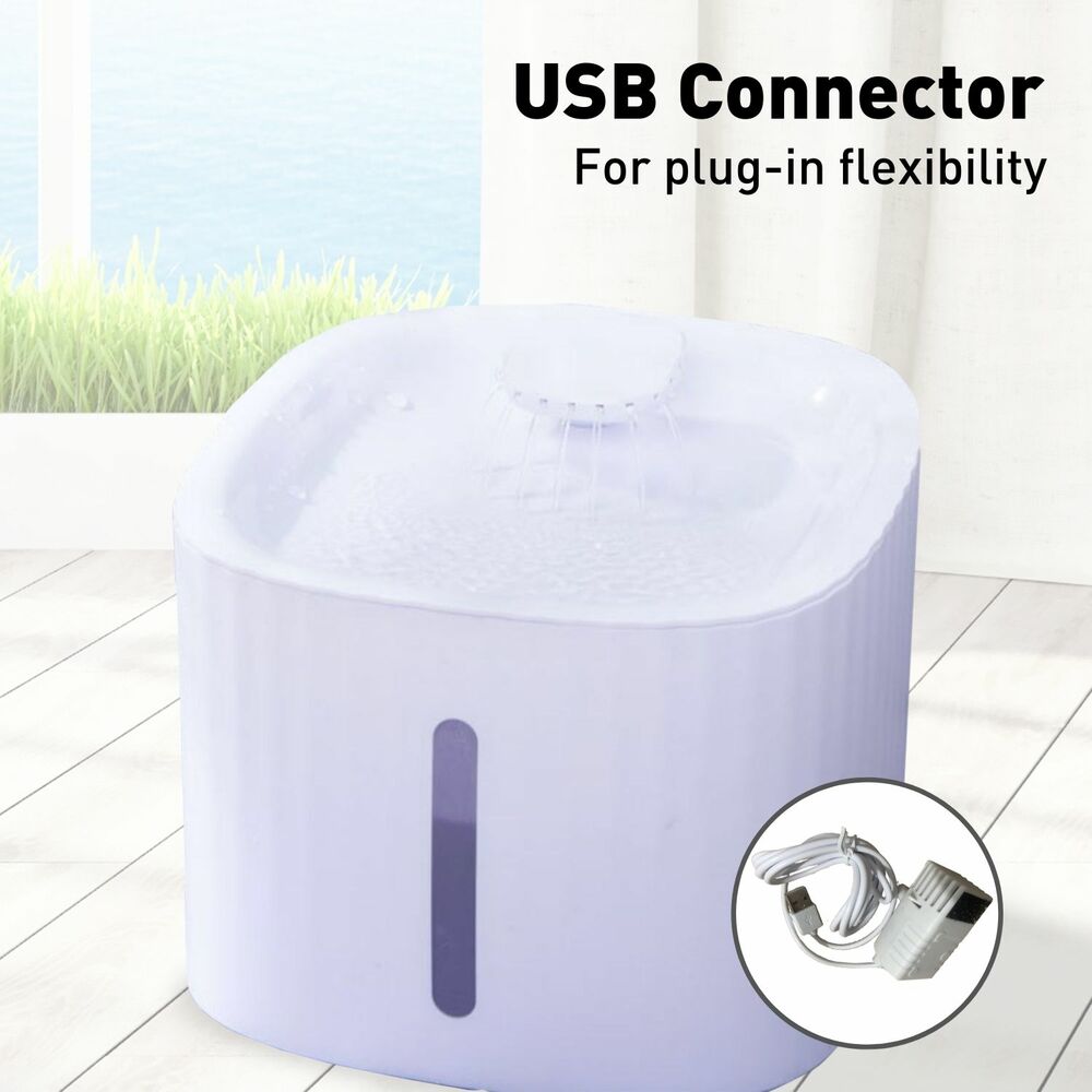 Pet Water Fountain Dispenser FEATURES OVERVIEW 3L Large Capacity An average cat needs to have at least 300ml of water per day, which means that this pet fountain can meet the drinking needs of an average cat for about 20 days. This means you can leave home without worrying about your cat being dehydrated. Two water flow options - sprinkler and bubble. USB connector to charge