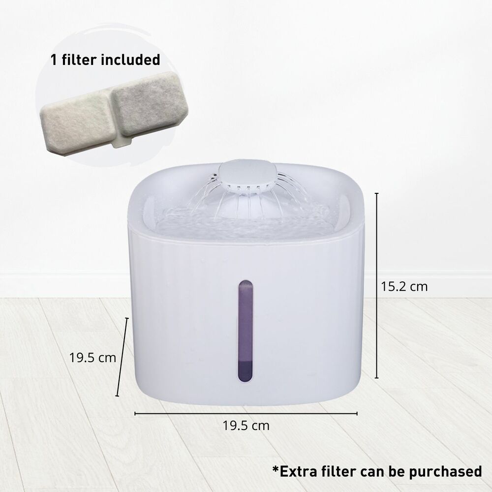 Pet Water Fountain Dispenser FEATURES OVERVIEW 3L Large Capacity An average cat needs to have at least 300ml of water per day, which means that this pet fountain can meet the drinking needs of an average cat for about 20 days. This means you can leave home without worrying about your cat being dehydrated. Two water flow options - sprinkler and bubble. Size 15.2 cm by 19.5 cm by 15.2 cm