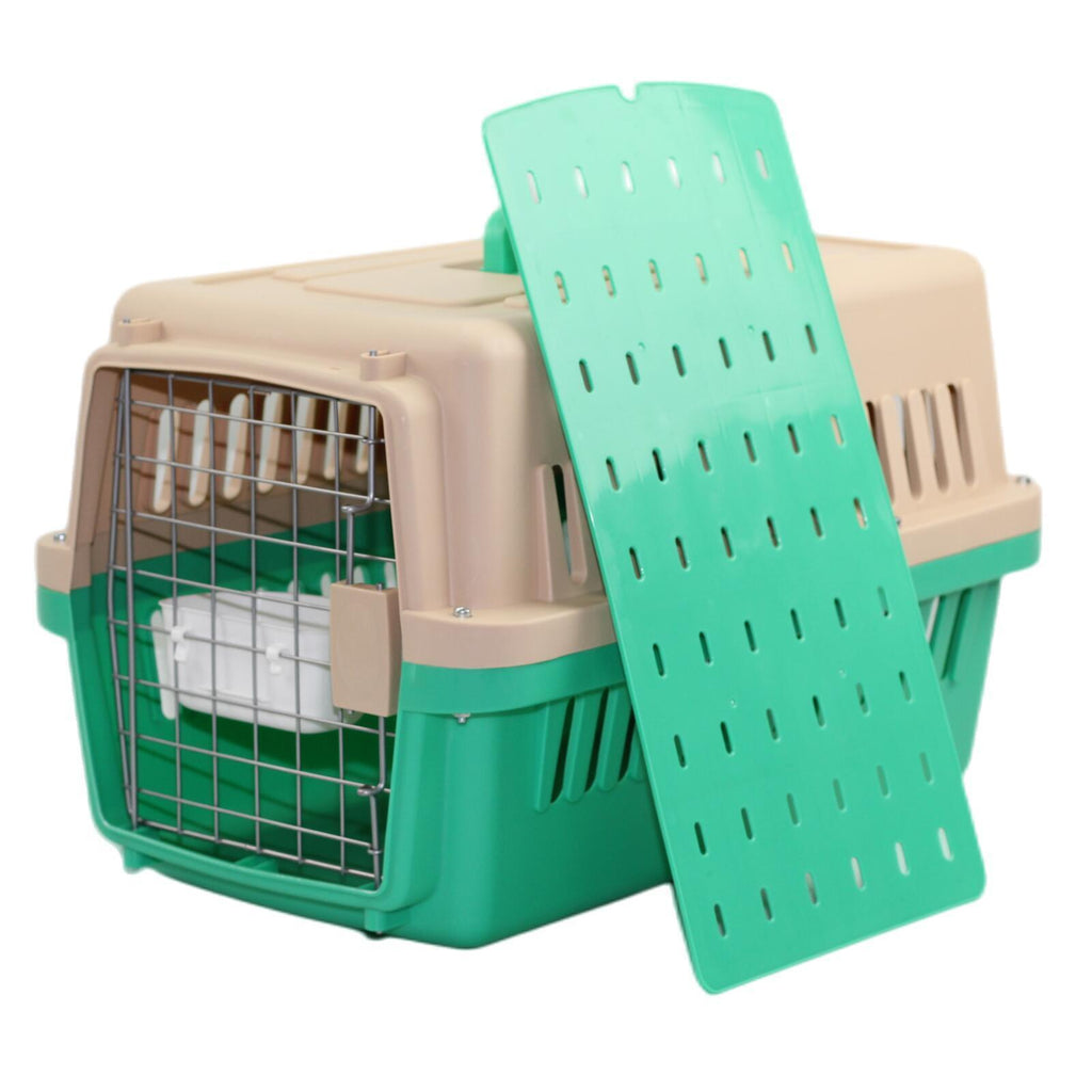 Small Dog Cat Crate Pet Airline Carrier Cage With Bowl and Tray-Green  Feature:  Lightweight, durable carrier for cats & small dogs Large entrance & ventilation slots provide plenty of viewing area Ergonomic handle & compact shape for easy storage Security pins and side latches keep the kennel tightly fastened Lightweight, solid-sided, and spacious travelling home for your small dog or cat