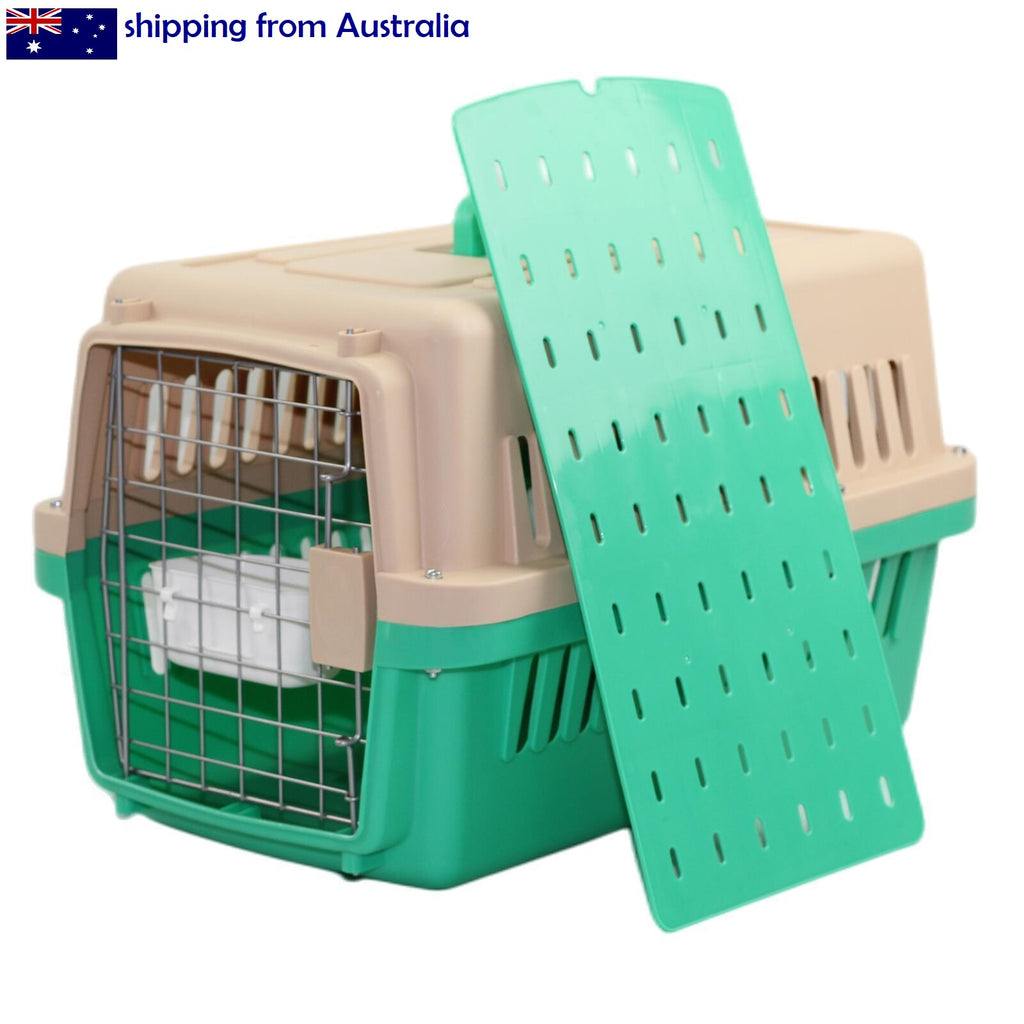 Small Dog Cat Crate Pet Airline Carrier Cage With Bowl and Tray-Green Feature: Lightweight, durable carrier for cats & small dogs Large entrance & ventilation slots provide plenty of viewing area Ergonomic handle & compact shape for easy storage Security pins and side latches keep the kennel tightly fastened Lightweight, solid-sided, and spacious travelling home for your small dog or cat