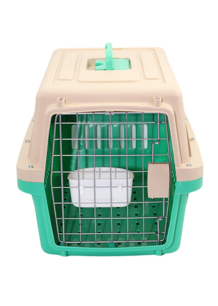 Small Dog Cat Crate Pet Airline Carrier Cage With Bowl and Tray-Green  Feature:  Lightweight, durable carrier for cats & small dogs Large entrance & ventilation slots provide plenty of viewing area Ergonomic handle & compact shape for easy storage Security pins and side latches keep the kennel tightly fastened Lightweight, solid-sided, and spacious travelling home for your small dog or cat