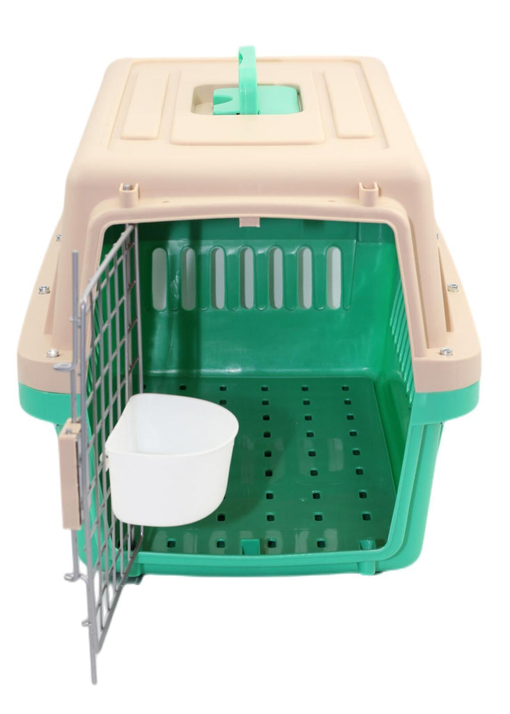 Small Dog Cat Crate Pet Airline Carrier Cage With Bowl and Tray-Green  Feature:  Lightweight, durable carrier for cats & small dogs Large entrance & ventilation slots provide plenty of viewing area Ergonomic handle & compact shape for easy storage Security pins and side latches keep the kennel tightly fastened Lightweight, solid-sided, and spacious travelling home for your small dog or cat