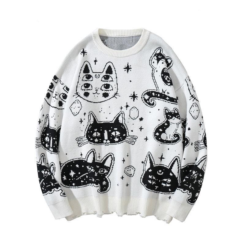 Step out if something a little different this cold season with this crazy Cat Face Sweater. With its various cats and kittens in all shapes and sizes, it's a big bold print jumper. The hem of the jumper features a ripped/tasseled effect making it look like a cat has attacked it. Made from soft and warm Acrylic, it's light and warm. The Cat Face pattern repeats across the front and rear of the sweater. Ideal for casual everyday wear. These are a fairly Unisex design, with a baggy fit.