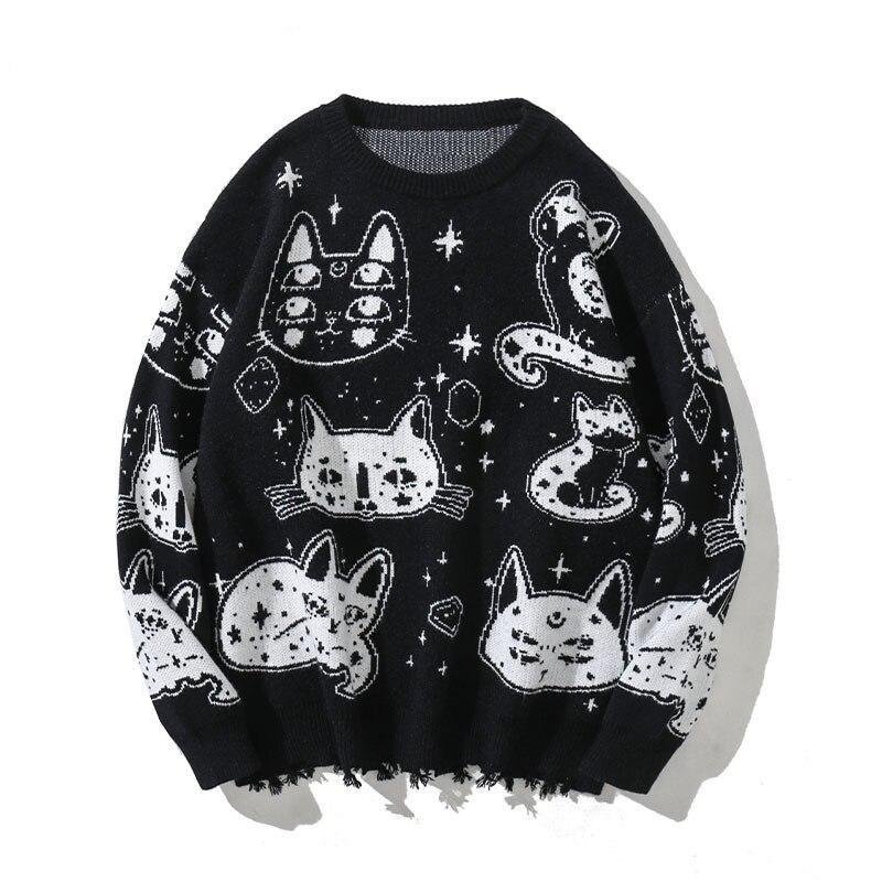 Step out if something a little different this cold season with this crazy Cat Face Sweater. With its various cats and kittens in all shapes and sizes, it's a big bold print jumper. The hem of the jumper features a ripped/tasseled effect making it look like a cat has attacked it. Made from soft and warm Acrylic, it's light and warm. The Cat Face pattern repeats across the front and rear of the sweater. Ideal for casual everyday wear. These are a fairly Unisex design, with a baggy fit. Black