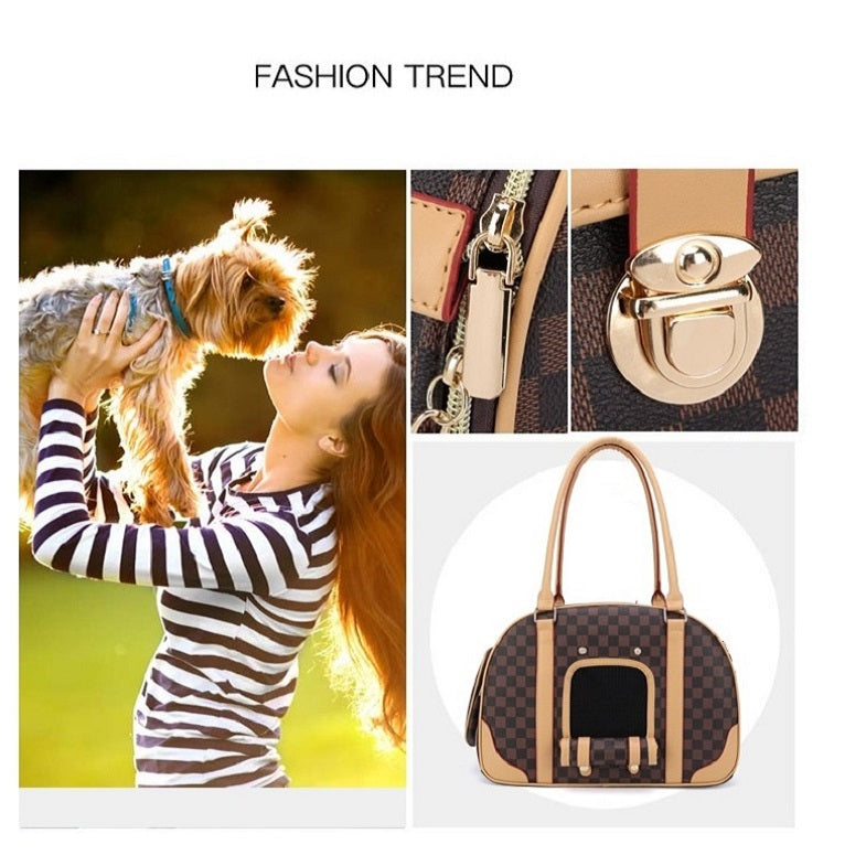 Cat bag - outdoor breathable fashion pet bag with shoulder strap, pet travel bag Plain pattern fashion pet carry bag with breathable mesh window. Shoulder strap included. Two colour variants, brown and beige/white pattern. Lady is holding a puppy. Locks detail is shown