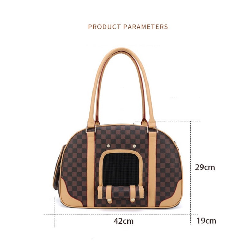 Cat bag - outdoor breathable fashion pet bag with shoulder strap, pet travel bag Plain pattern fashion pet carry bag with breathable mesh window. Shoulder strap included. Two colour variants, brown and beige/white pattern. Dimensions shown 42 cm x 29 cm x 19 cm